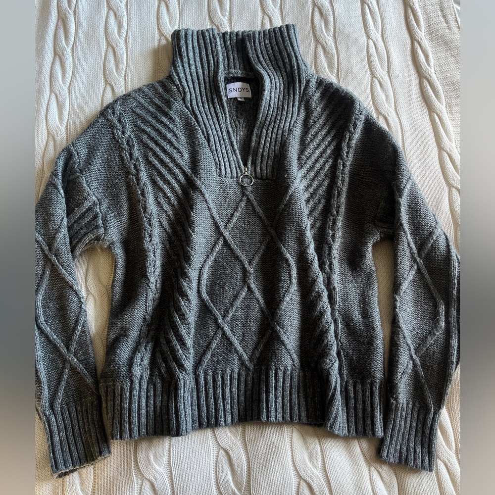 SYNDYS x REVOLVE JAX CHARCOAL GREY HALF ZIP CANLE KNIT SHAWL COLLAR SWEATER ZARA - Picture 5 of 7